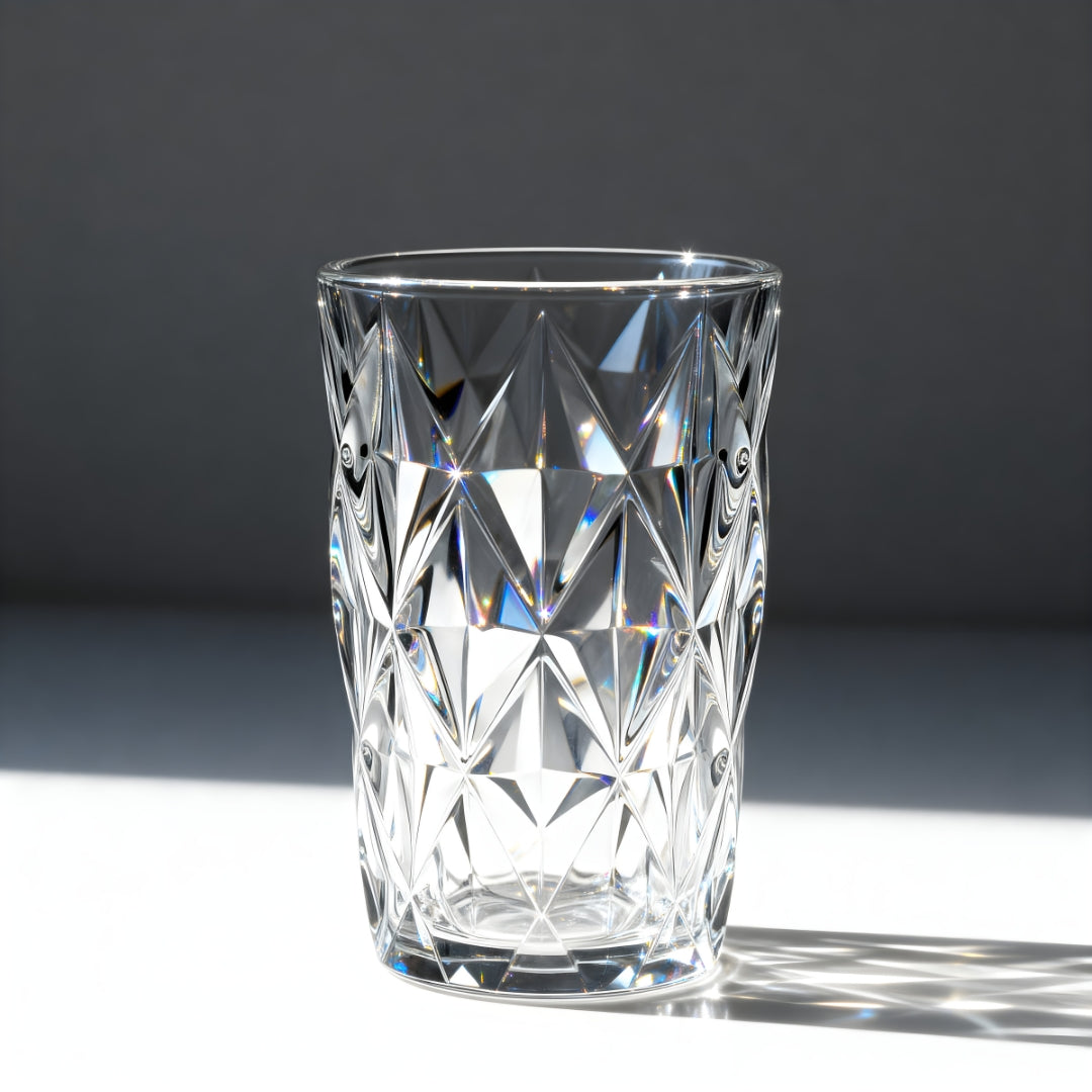 Clear crystal tumbler with diamond cut design on a dark background