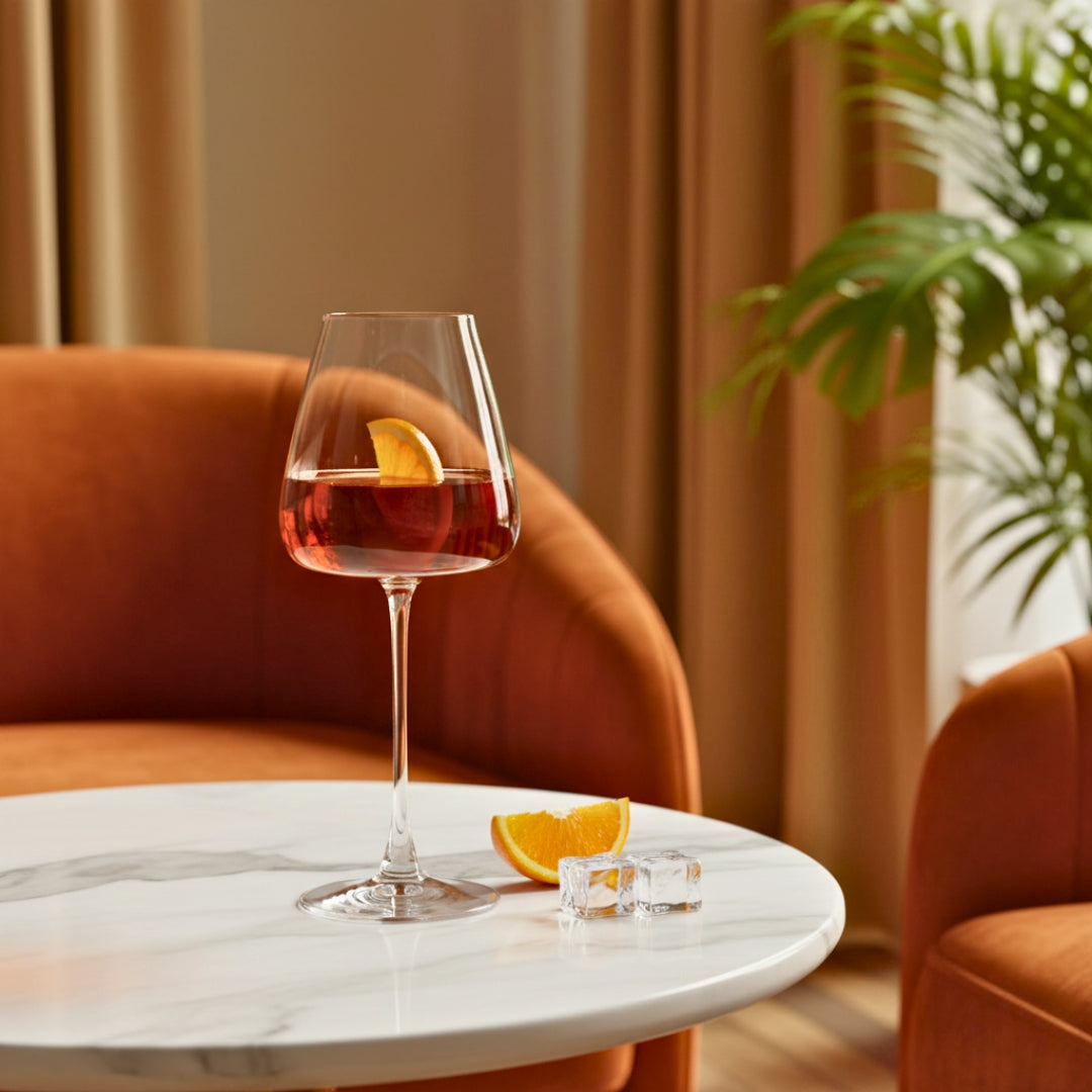 Glass of pink wine with a lemon slice on a marble table in a cozy room with orange chairs and curtains.
