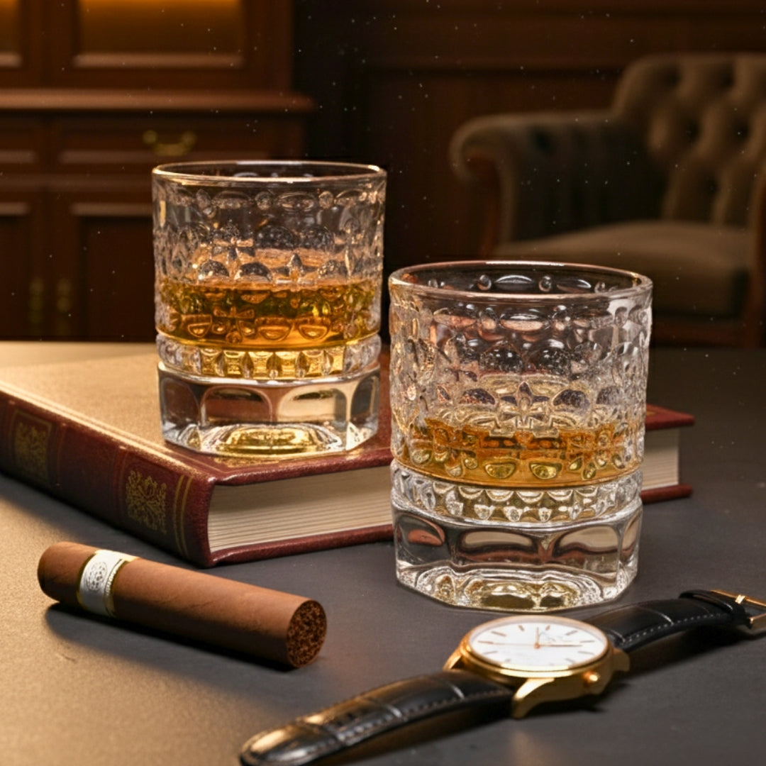 Two glasses of whiskey with a cigar and watch on a wooden surface.