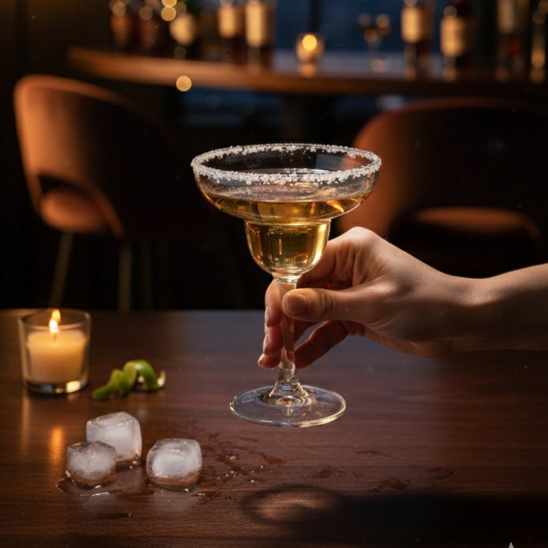 Hand holding a cocktail glass with a bar setting in the background