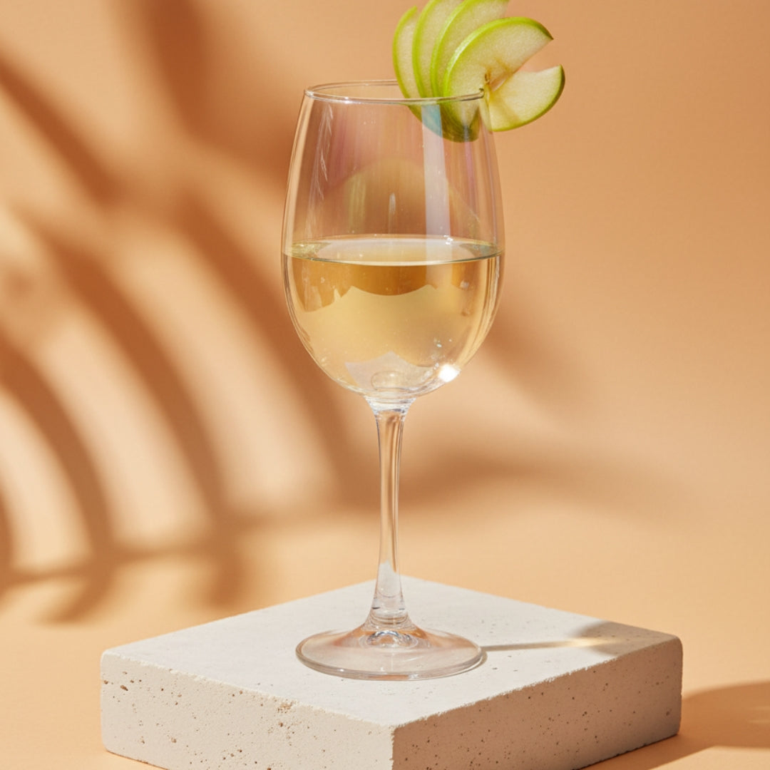 Wine glass with white wine and apple slices on a beige background