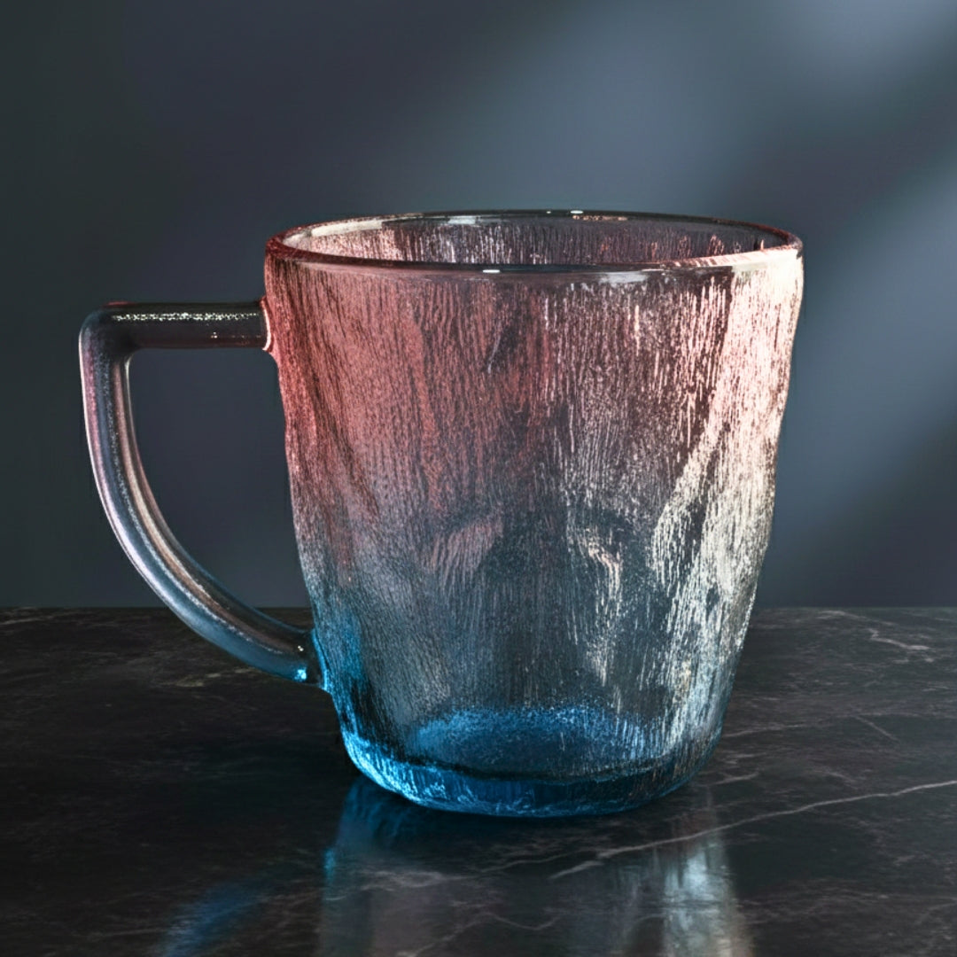 Glass mug with a textured surface on a dark surface