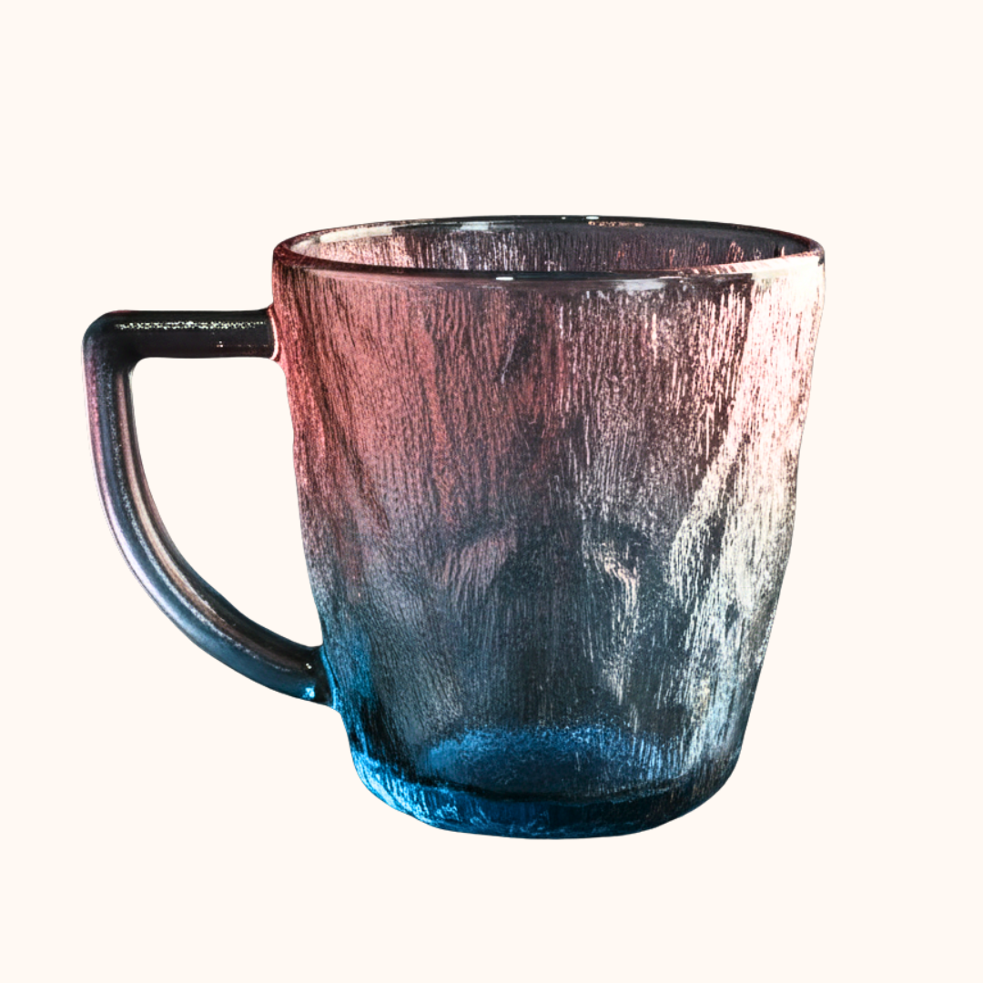 Gradient mug with pink to blue color transition on a white background