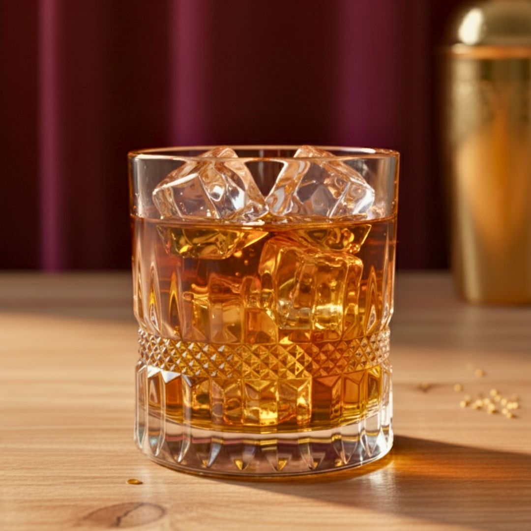 Glass of whiskey with ice cubes on a wooden table