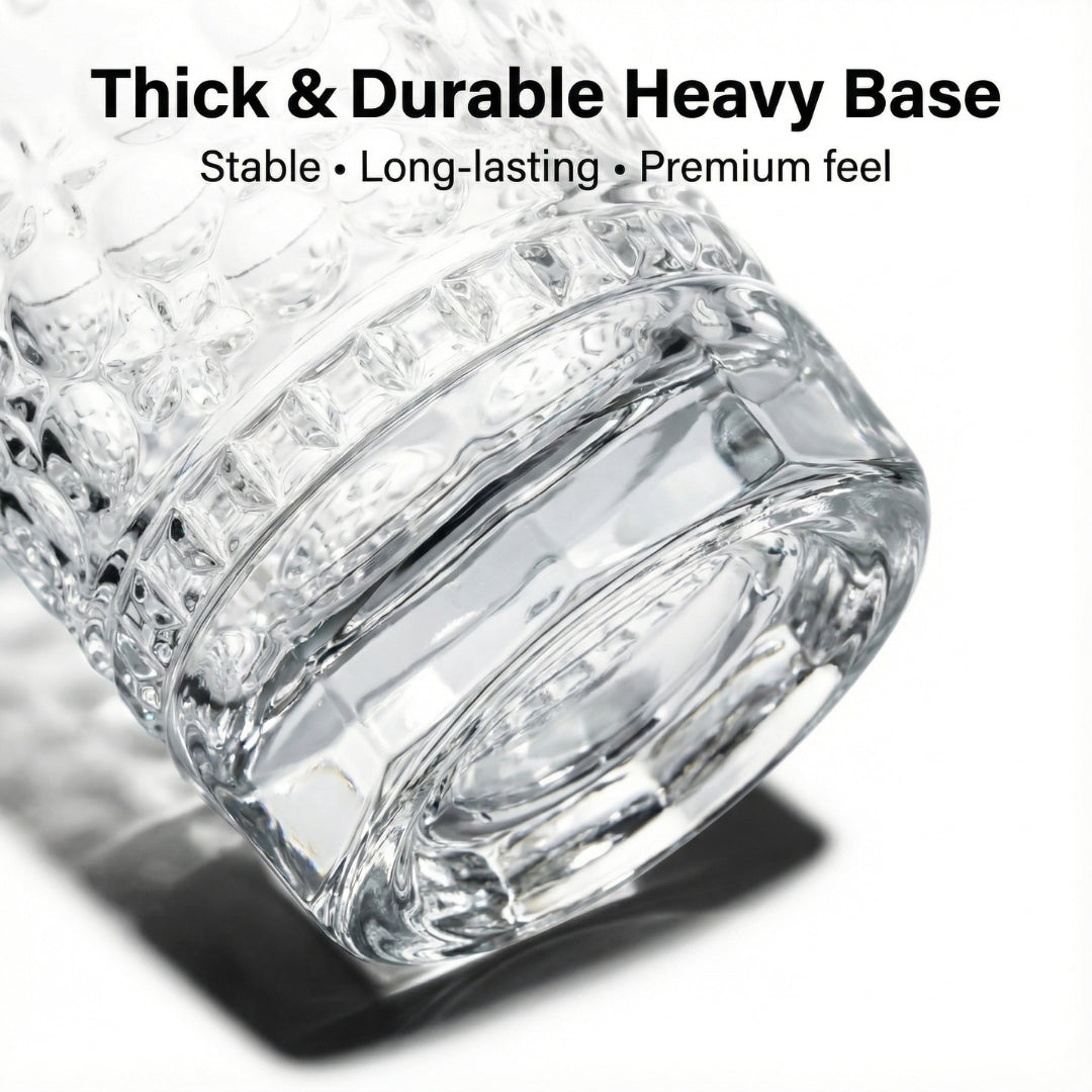 Clear glass product with text highlighting thick and durable heavy base