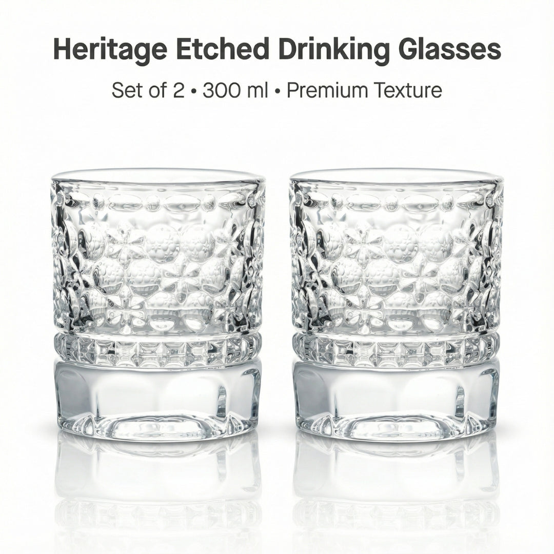 Two Heritage Etched Drinking Glasses on a white background with text indicating set size and material.