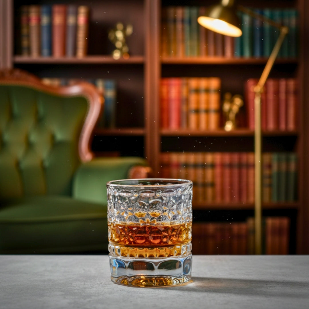 Glass of whiskey on a table with a bookshelf and green sofa in the background